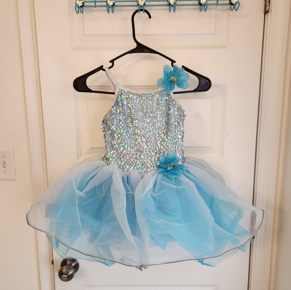 Curtain Call Dance Dress Recital Blue Sequence Costume Size CME Child M #SS1052